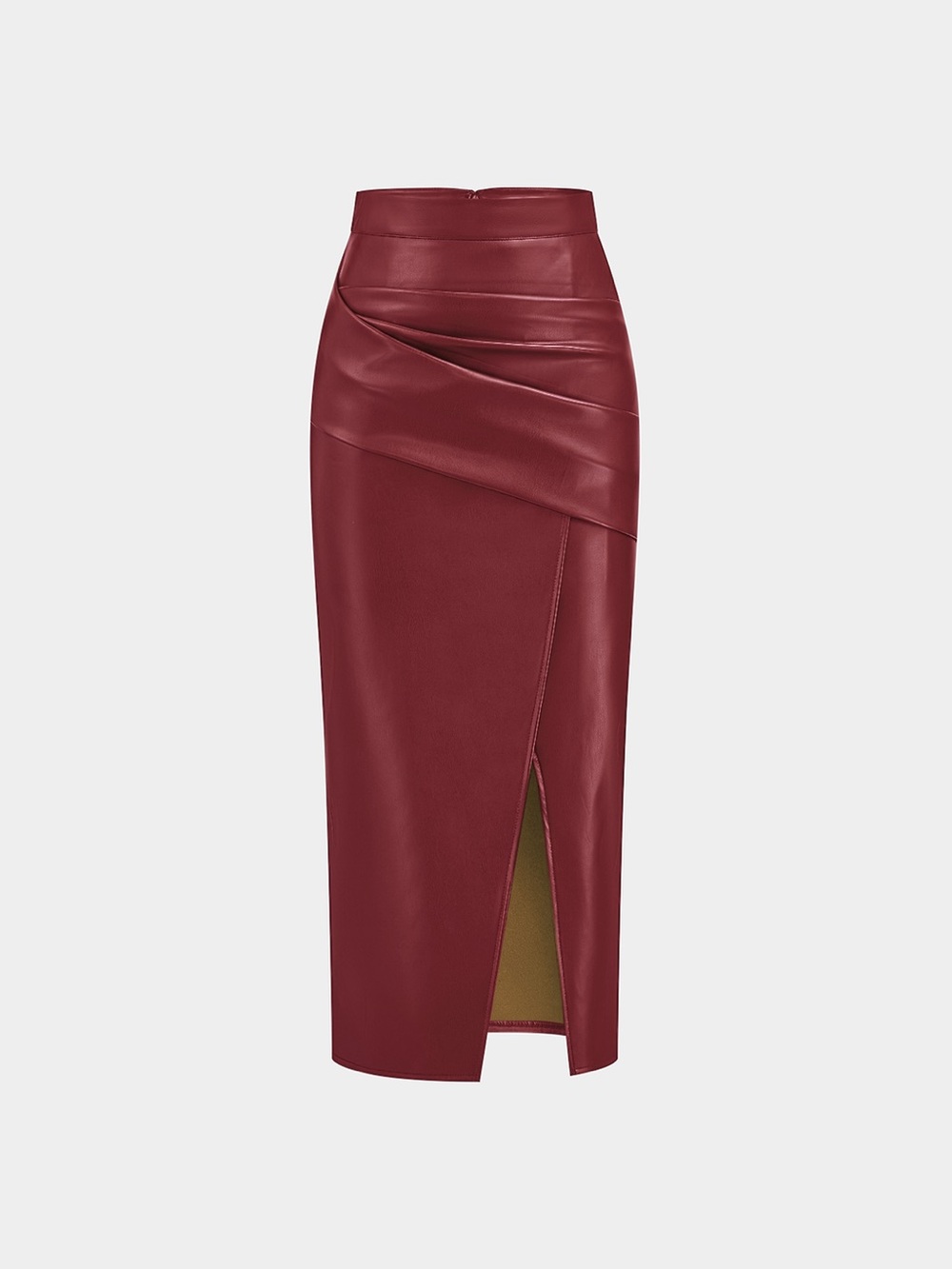 Commense Red Faux Leather Midi Skirt S NWT Ruched Slit PU Leather